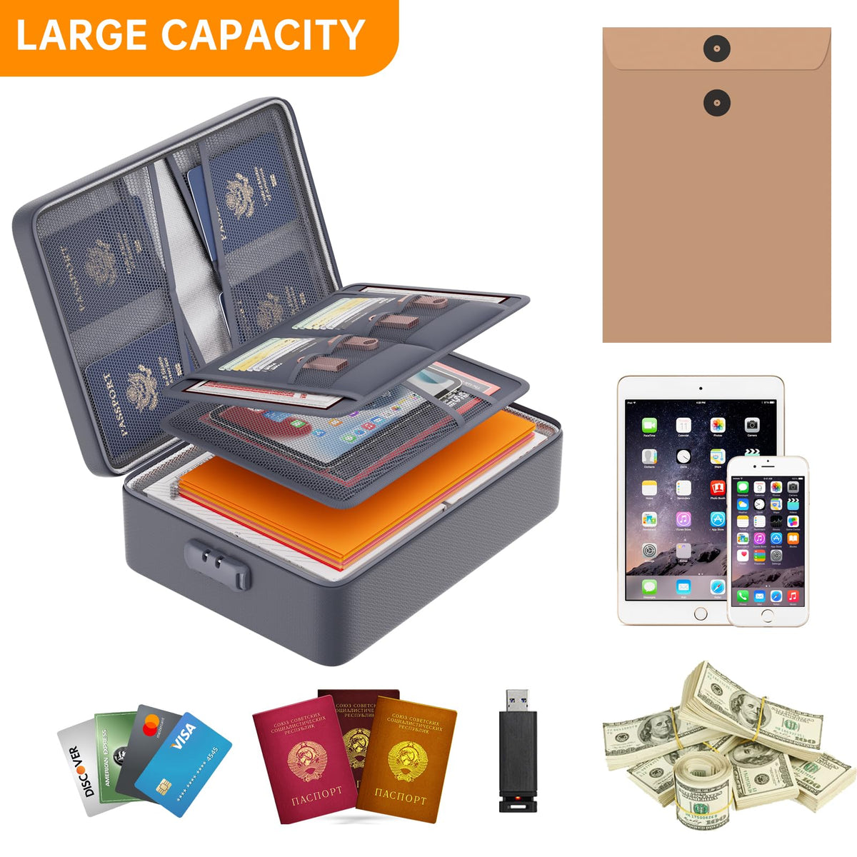 DocSafe 5200°F Fireproof Document Organizer Box with Lock, Gray (Soft)