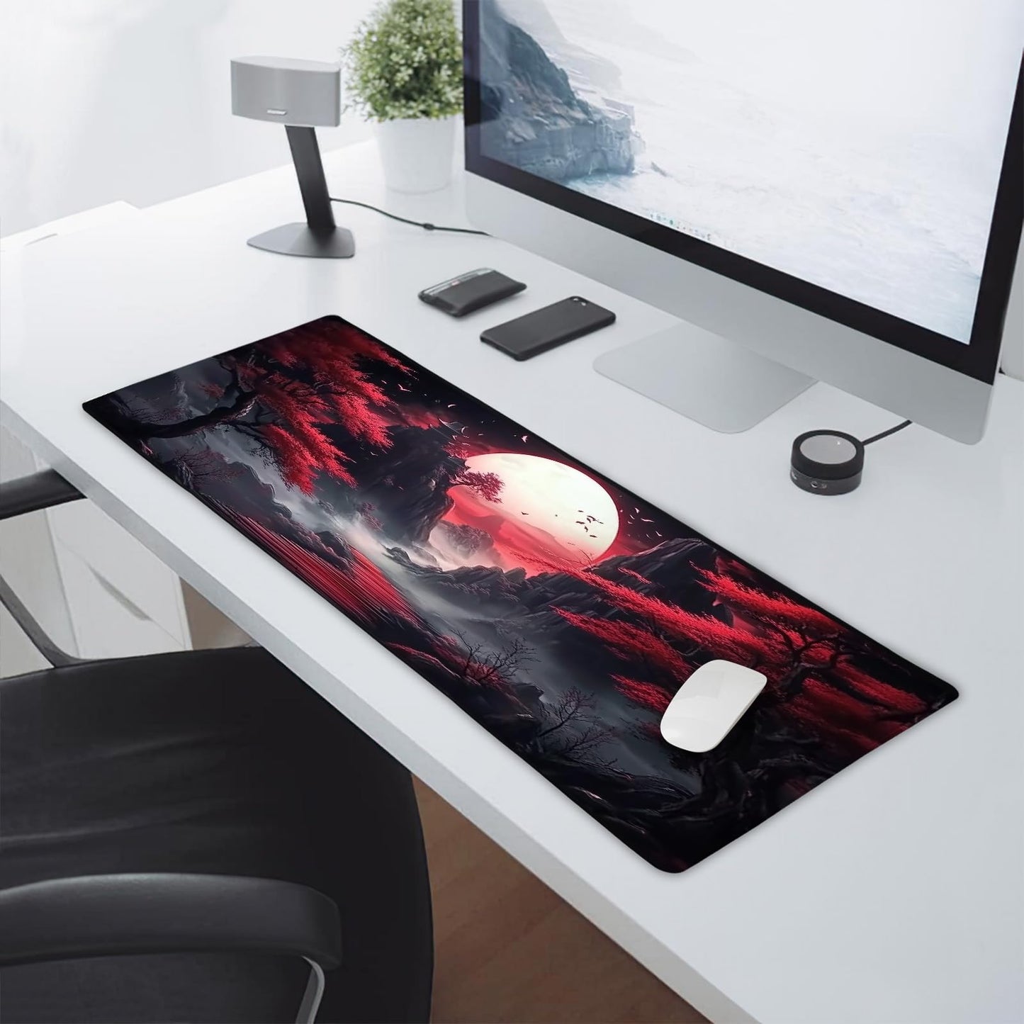 Black Red Japanese Mouse Pad XL Moon Sakura Cherry BLoosm Tree Extended Table Mat 80X30 cm Non-Slip