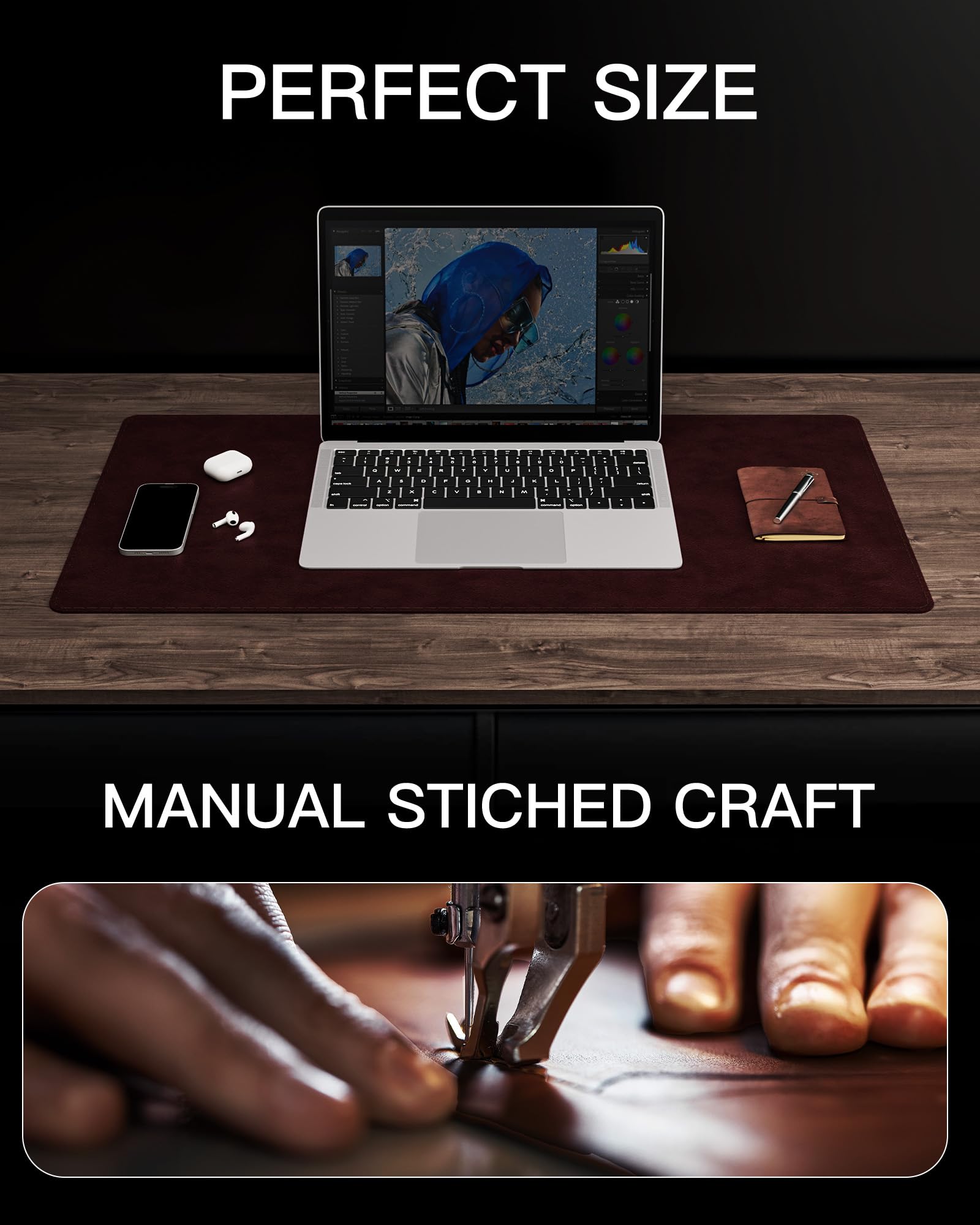 YSAGi Genuine Leather Desk Mat, 35.4"x17" Office Desk Pad, Thick Desk Pad Mat with Stitched Line