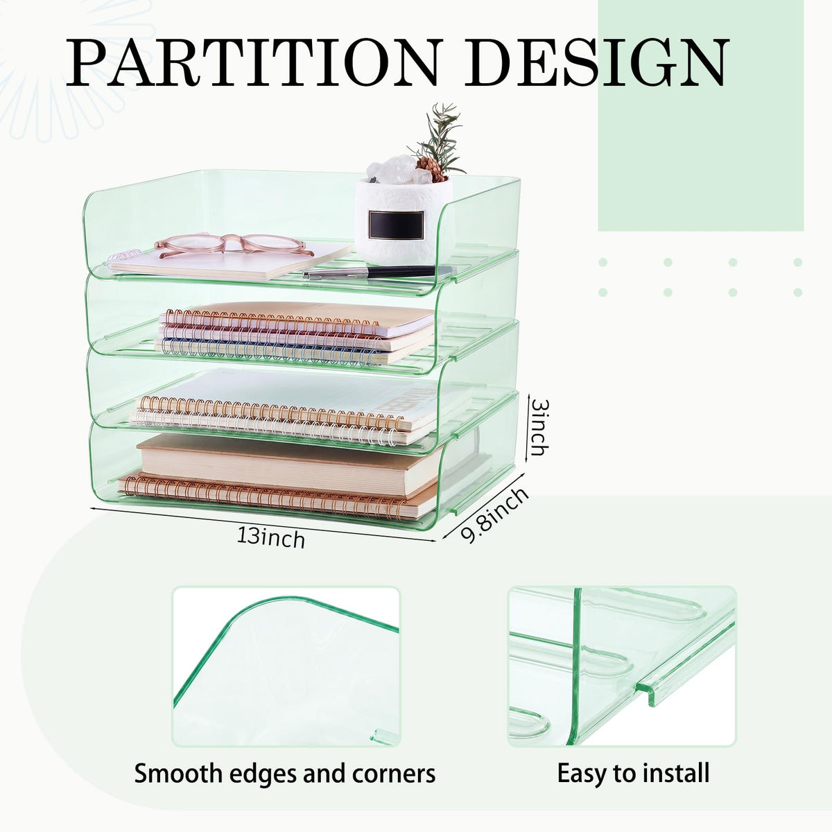 Harloon 4 Tier Clear Sage Green Acrylic Paper Organizer Letter Tray, Aesthetic Stackable Desk File