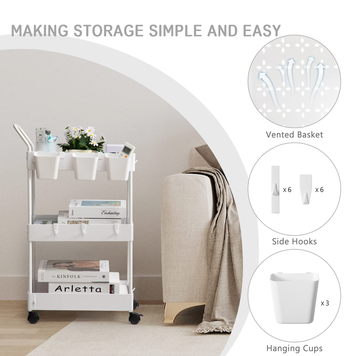 danpinera Storage Cart on Wheels, 3 Tier Slim Laundry with Wheels Bathroom Organizer with Hanging