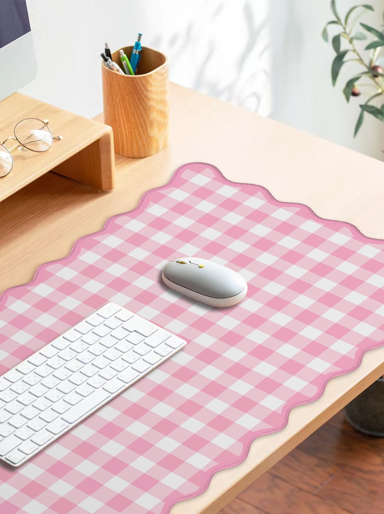 Scalloped‌ Pink Checkered Gingham Desk Mat Cute Pastel Large Mouse Pad Kawaii Cottagecore ‌Vintage‌