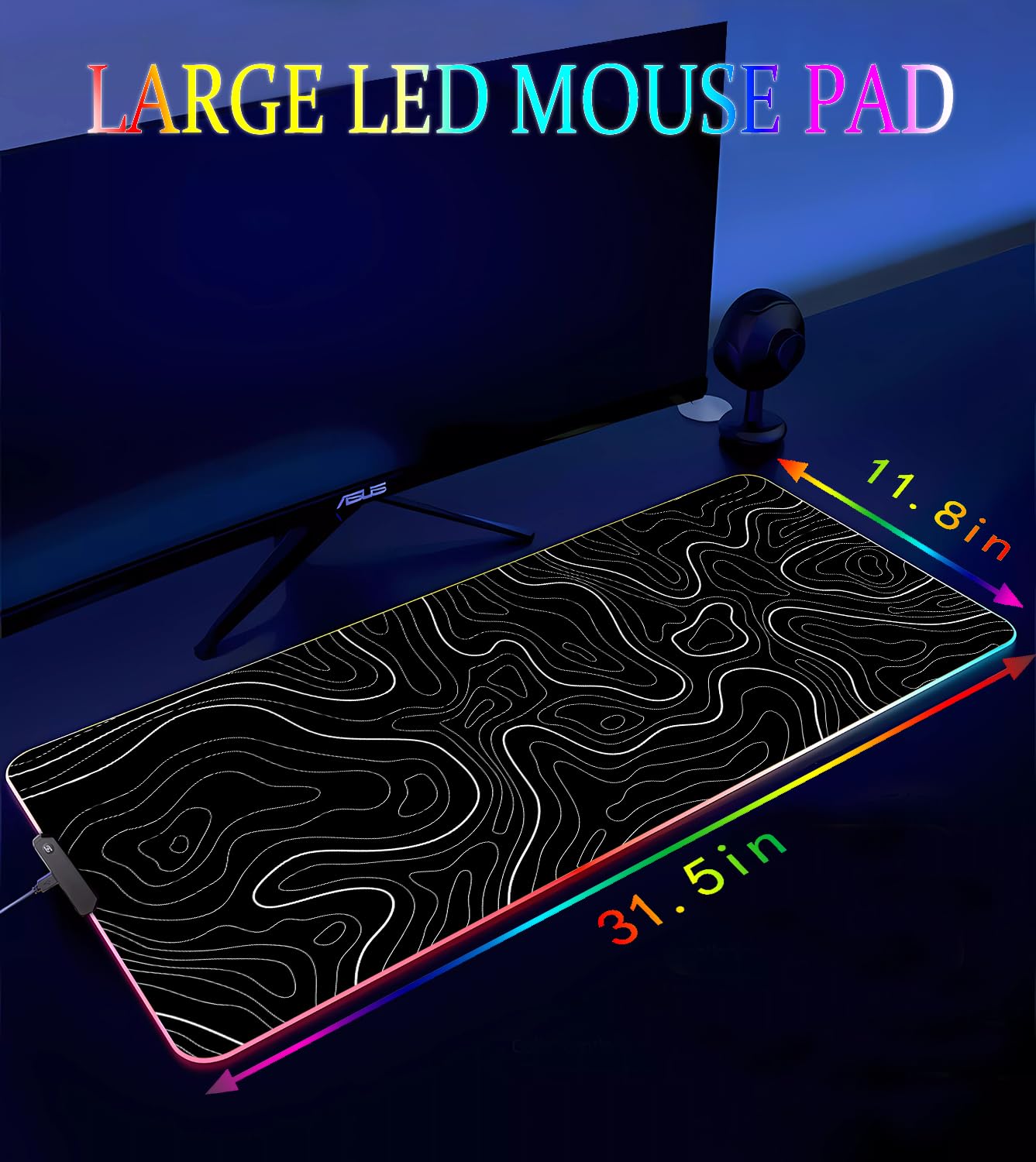 Armanza RGB Gaming Mouse Pad, Large Mouse pad with Led Light, Black Lines Non-Slip Rubber Base Big