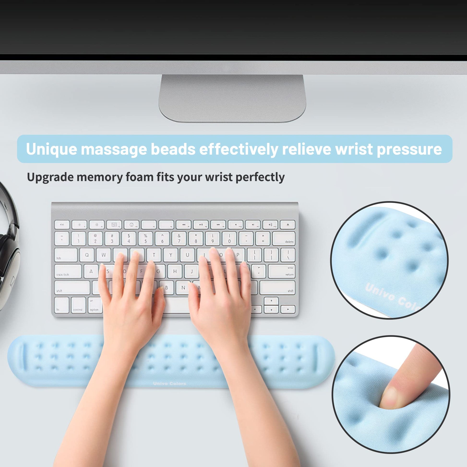 Univo Colors Light Blue Superfine Memory Foam Keyboard Wrist Rest Soft Gel Ergonomic Wrist Support