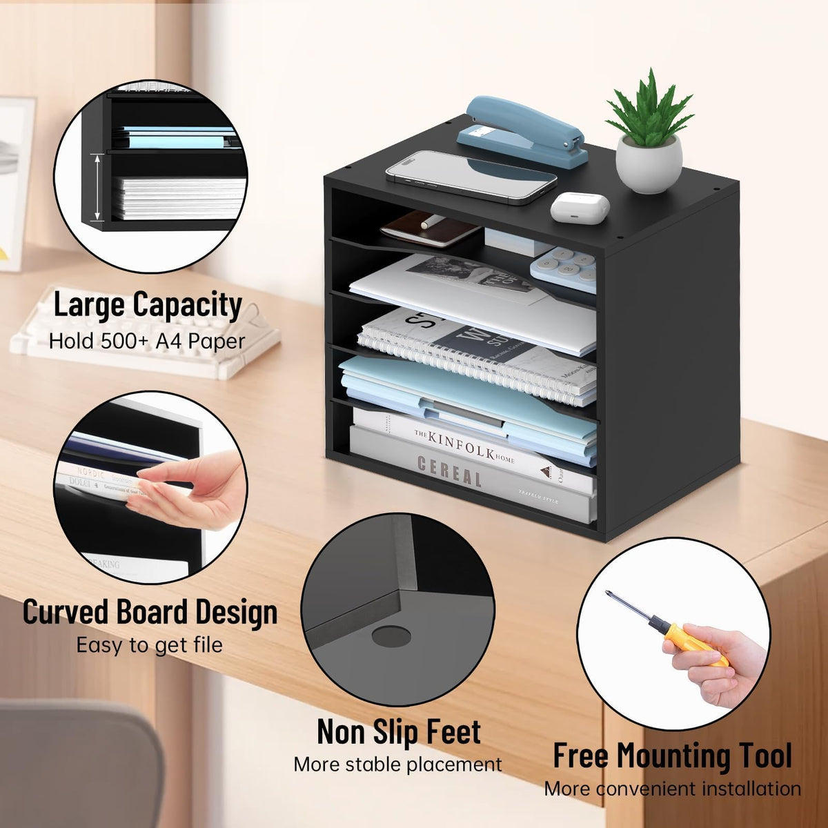 5-Tier Paper Organizer for Desk, Adjustable Mail Organizer, Black
