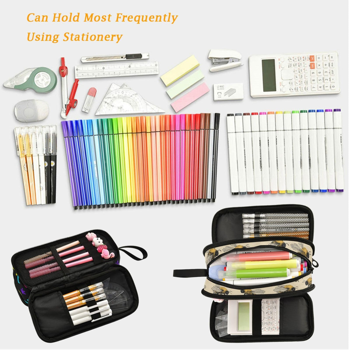 Fustylead Rural Honeybee Retro Floral Large Pencil Pen Case Stationery Bag, 3 Compartments School