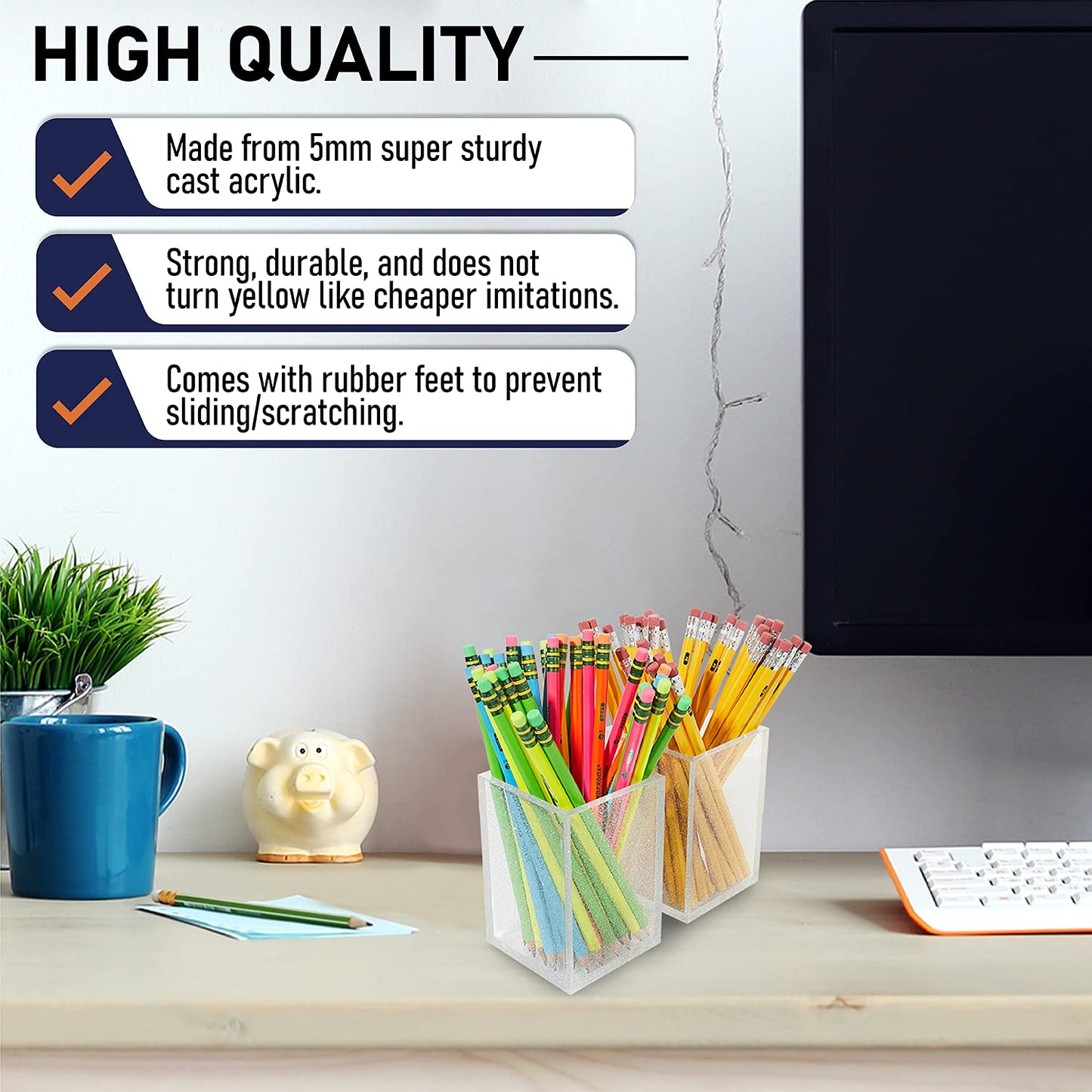 Acrylic Pen Holder Organizer Two Pack, 5mm Thick Clear Pencil Cup for Storing Office Supplies