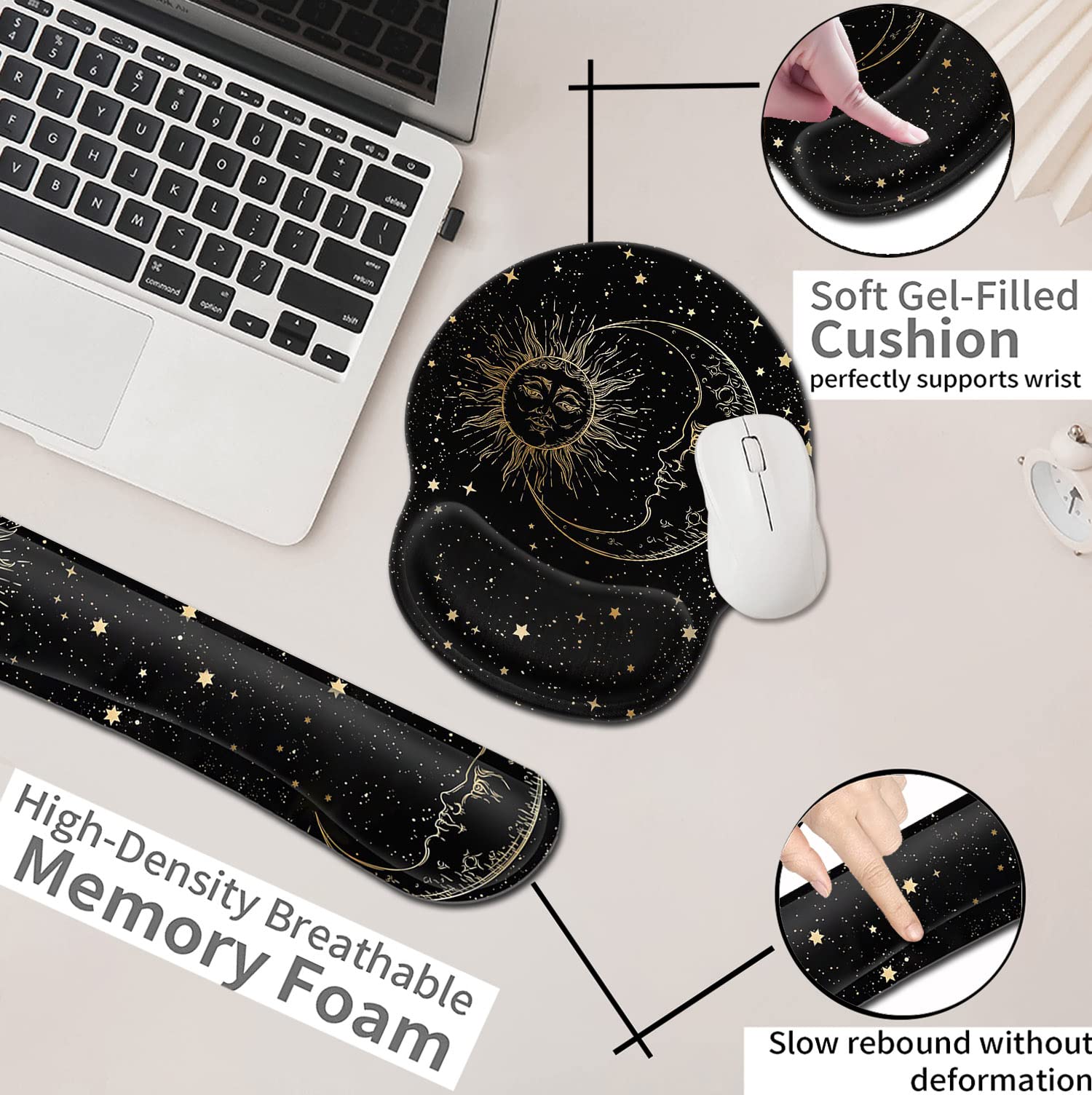 Black Mouse Pad with Stitched Edge, Memory Foam Keyboard Wrist Rest, Non-Slip Rubber Base Mythic