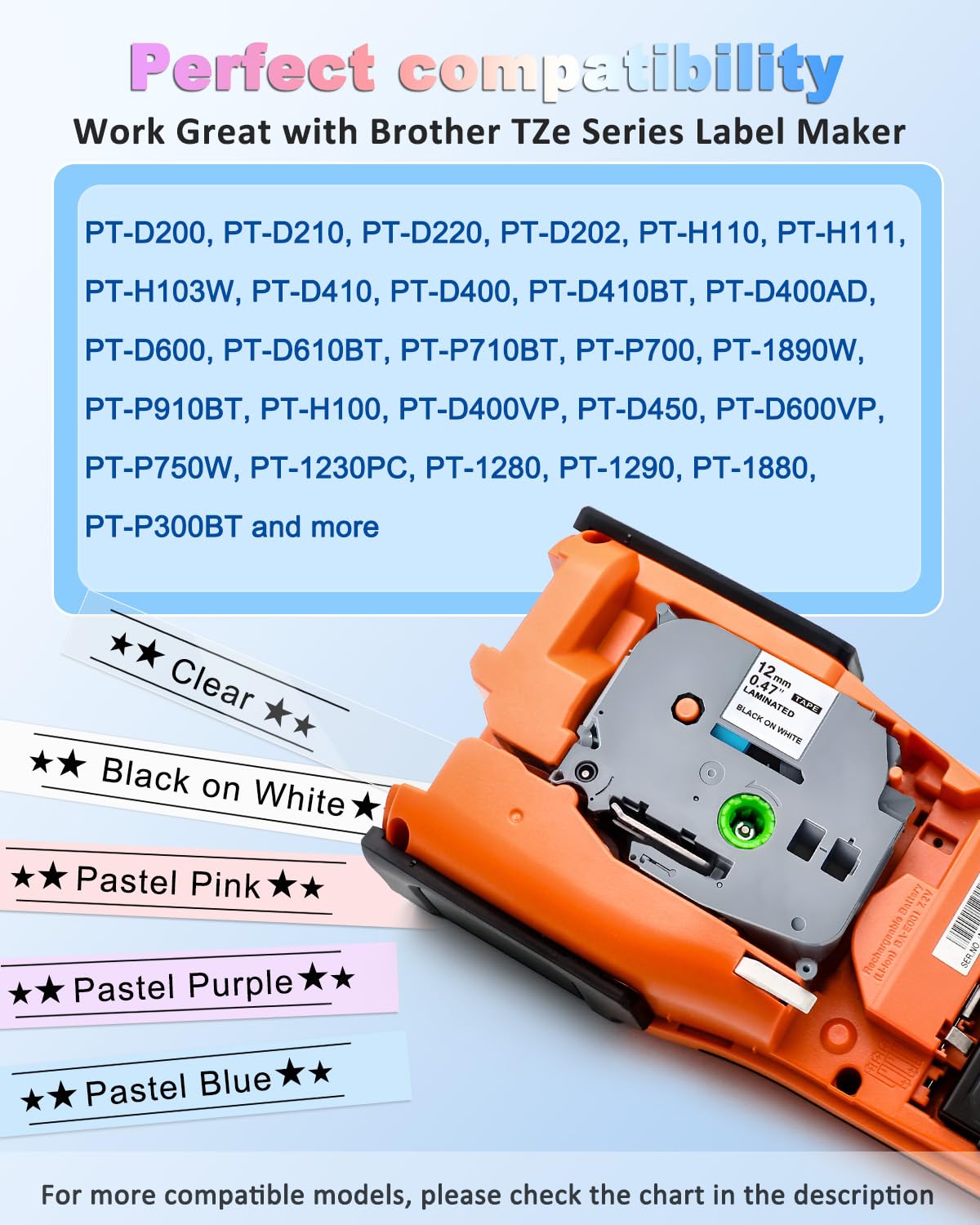 Replace for Brother P Touch Label Maker Tape Refill 12mm 0.47 TZe Ribbon
