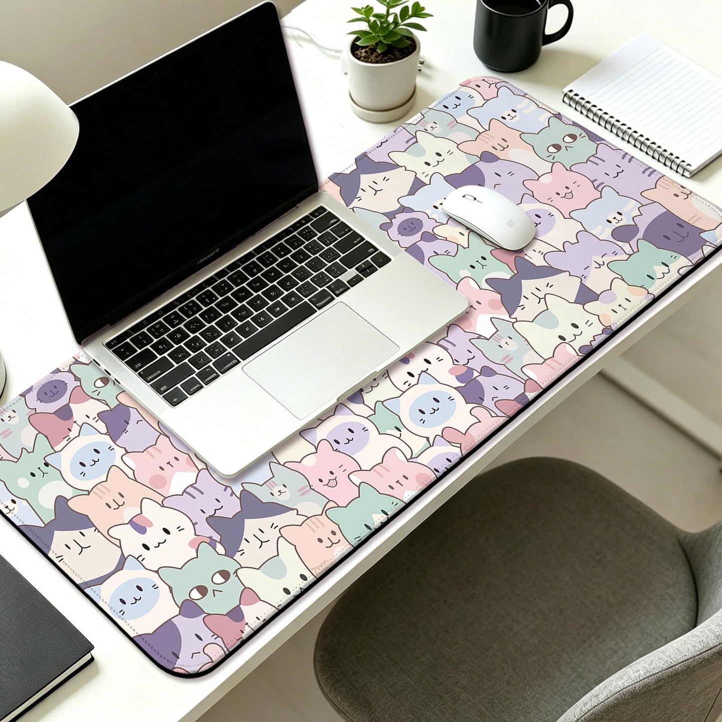 JIANG100 Cute Cat Gaming Desk Mat, Kawaii Pastel Extended Mouse Pad, Pink