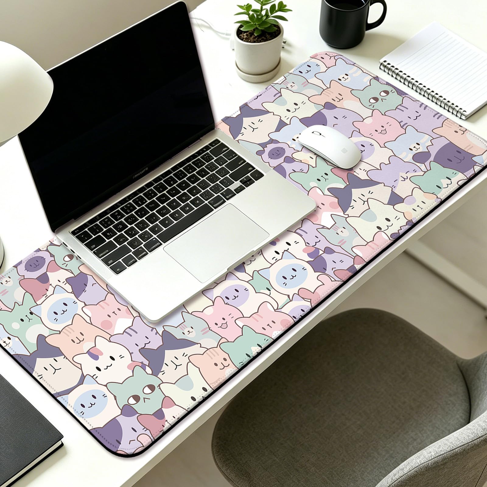 JIANG100 Cute Cat Gaming Desk Mat, Kawaii Pastel Extended Mouse Pad, Pink