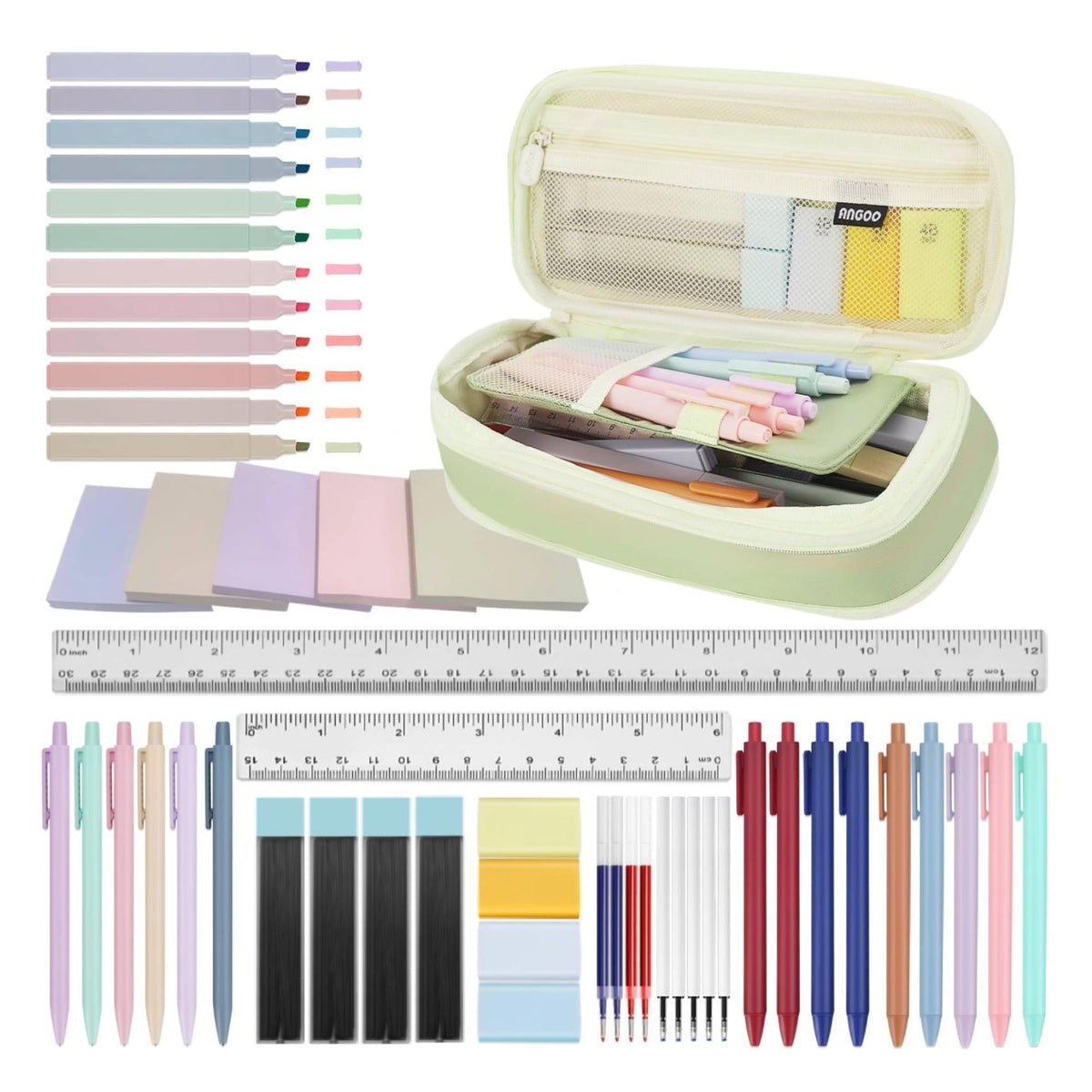 NVAZIOP 52 Aesthetic School Supplies with Cute Pen Case,5 Black, 2Blue,2 Red Ink Gel Pens,12inch