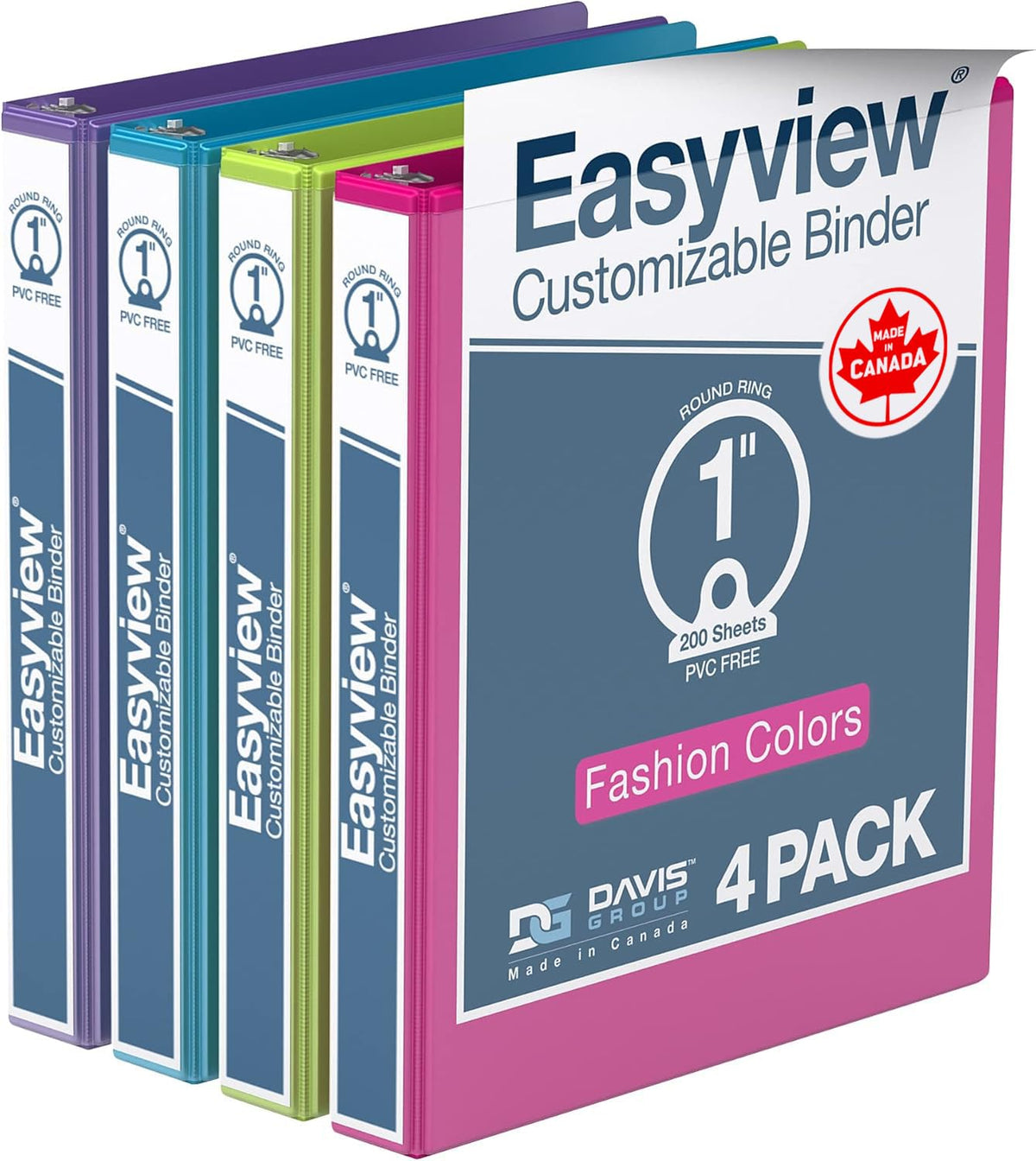 Easyview 3-Ring Binder, 1" Round Rings, Fashion Colors, 4 Pack