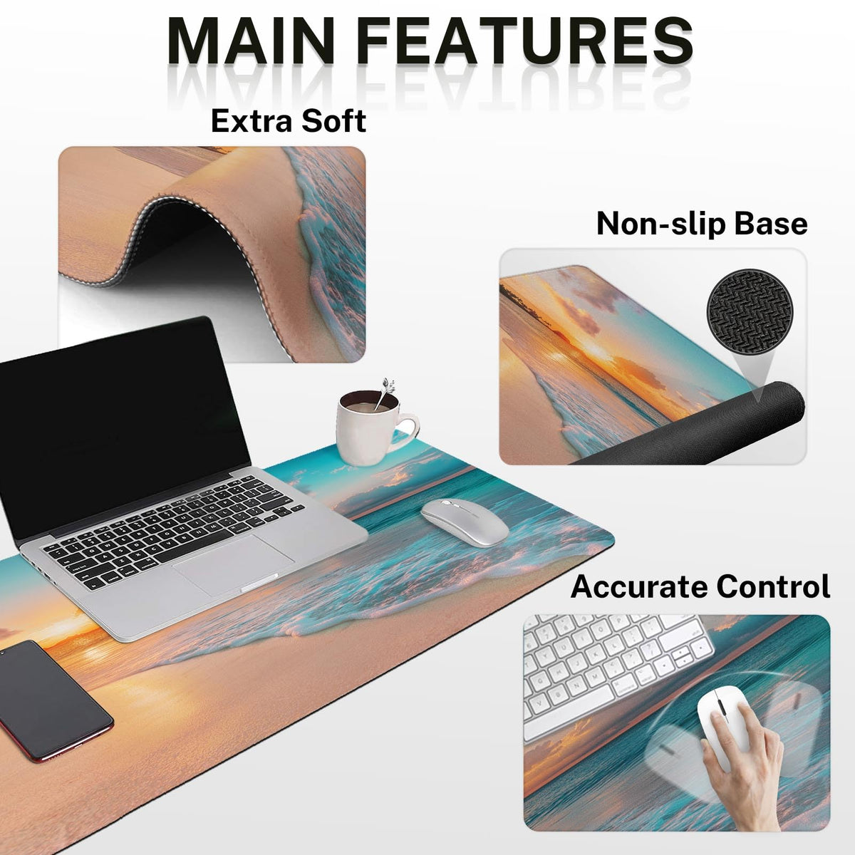 Arttown Keyboard Mouse Pad Set, 4 in 1 Desk Mat Set Ocean Beach