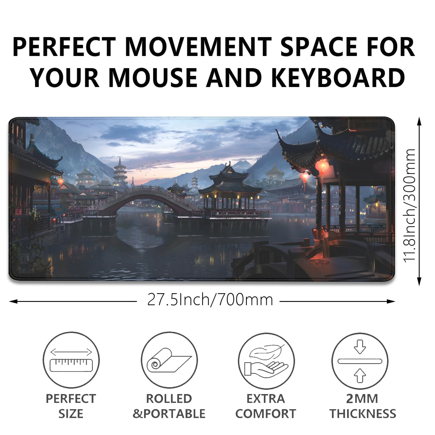 Japanese Style Ancient Pavilion Sky Mountains Extended Desk Pad Mouse Pad,Stitched Edges Non-Slip
