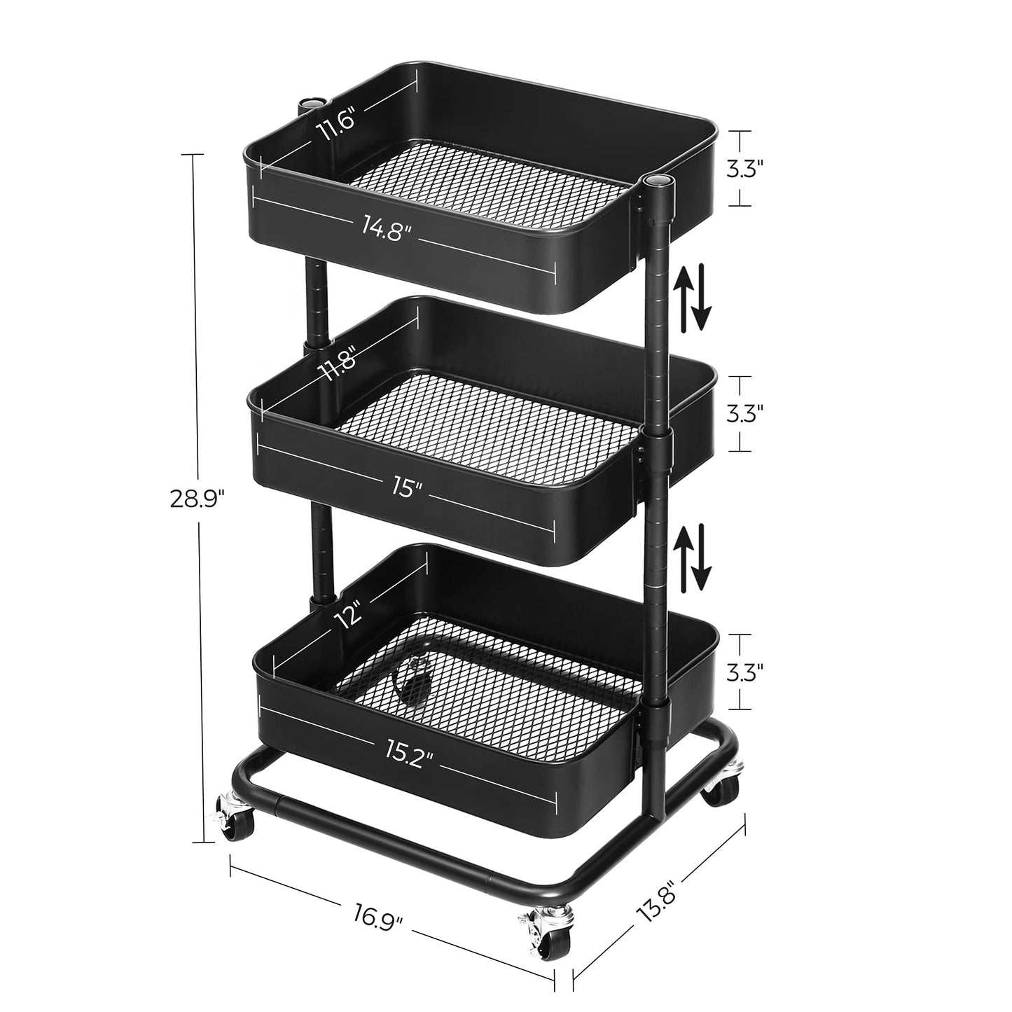 SONGMICS 3-Tier Metal Rolling Cart, Adjustable Shelves, with 2 Brakes