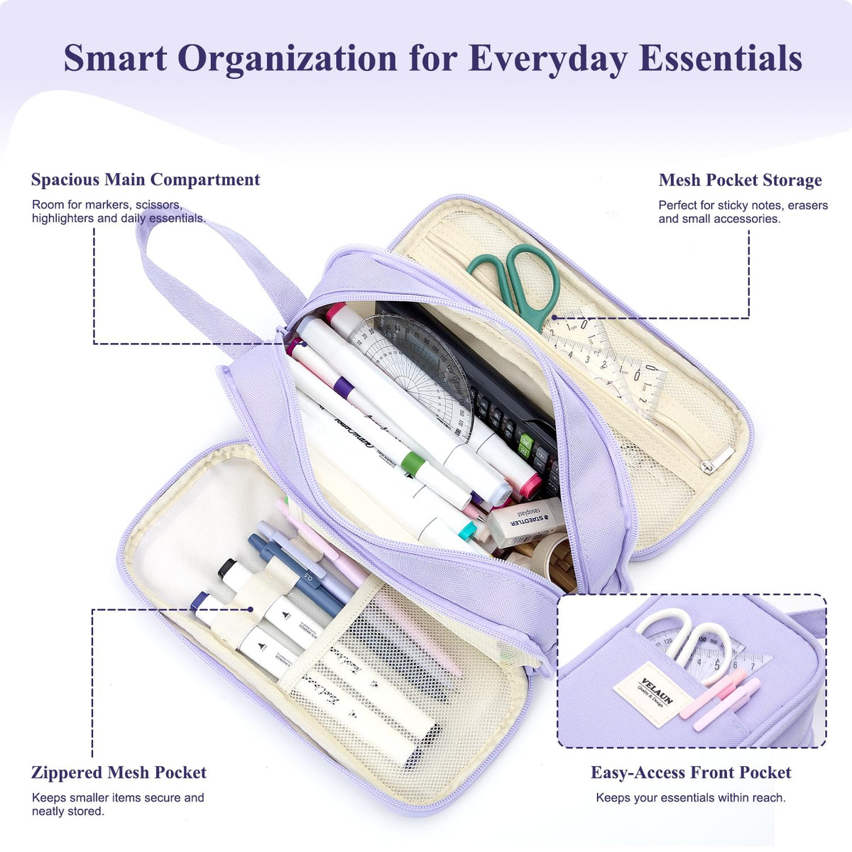 VELAUN Pencil Case Pouch, Large Capacity Pencil Box Bag, Aesthetic Pen Organizer for School