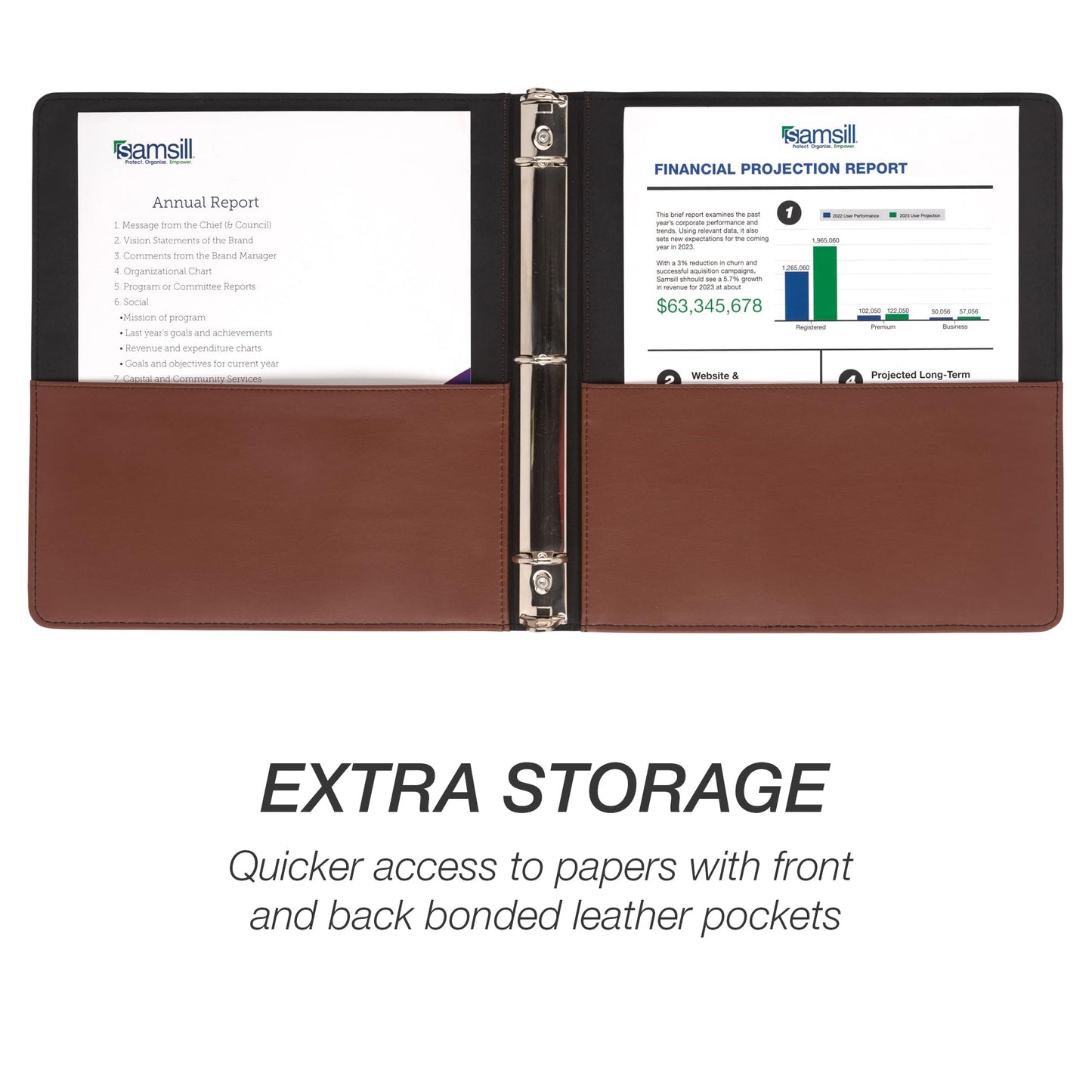 Samsill 1 Inch 3 Ring Binder, Leather, Brown with Contrast Stitching, 8.5X 11 Inch, 3 Rings