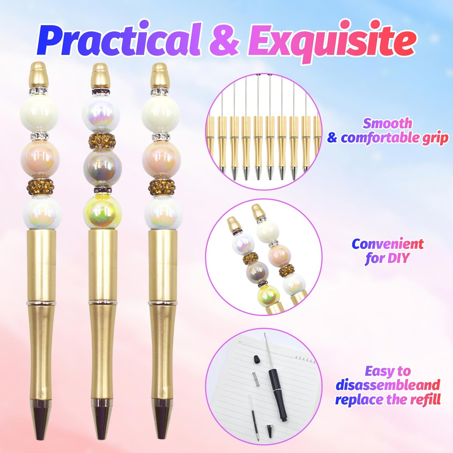 DASTTUIS 300 Pieces DIY Beadable Pen Kit – 100 Plastic Ballpoint Pens with Refills & Bags – School