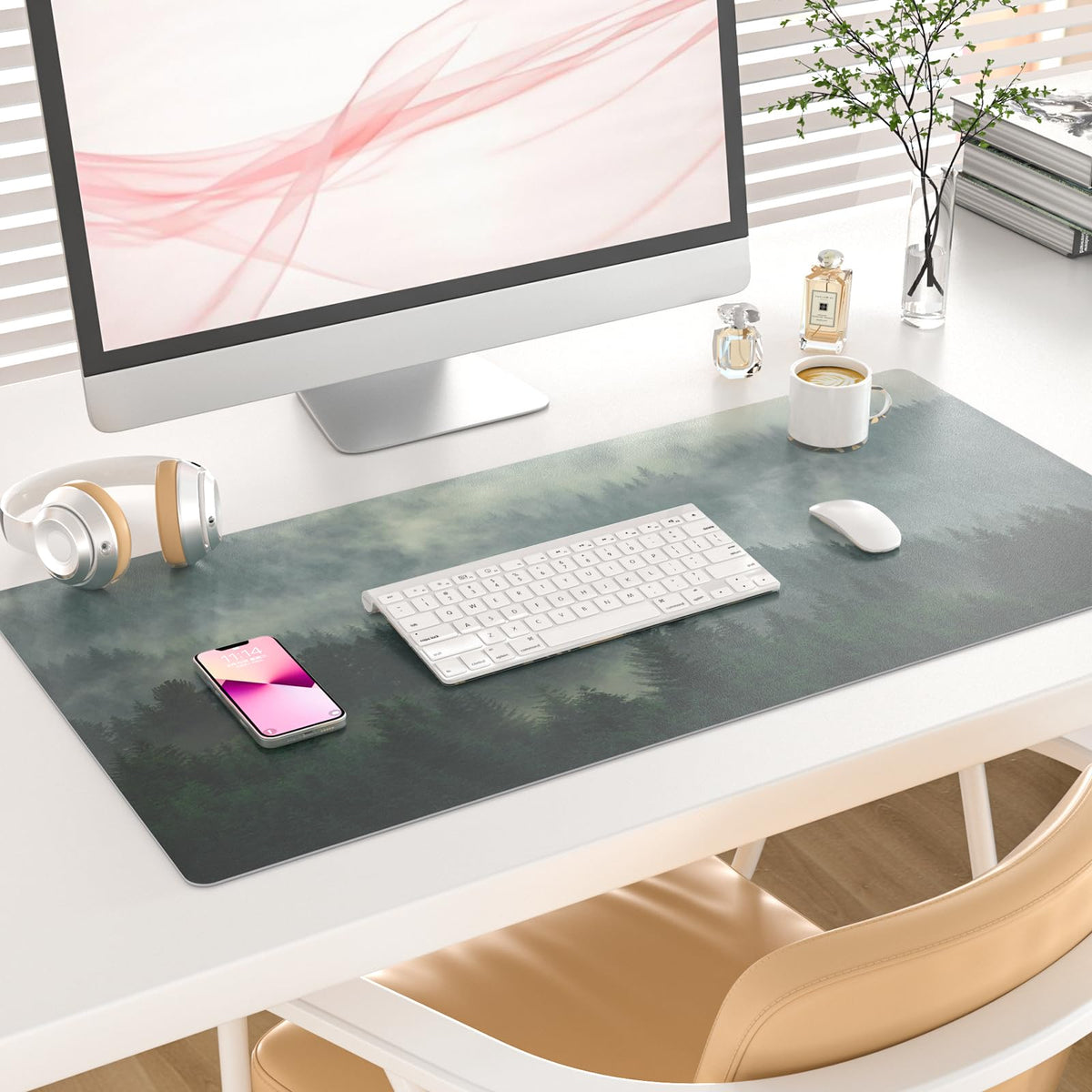 Faux Leather Large Mouse Pad, Office Desk Mat, 31.5"x15.7", Foggy Forest