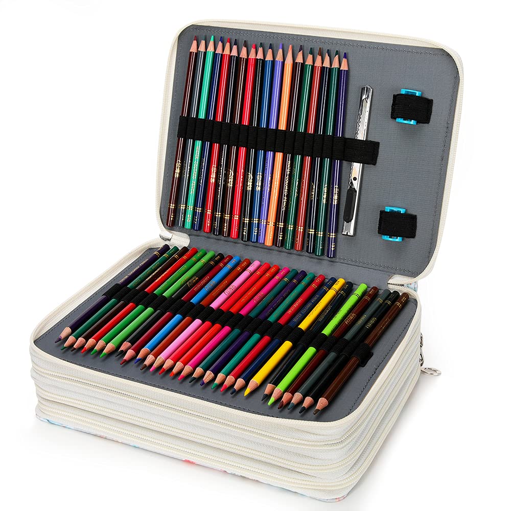 Vomgomfom 200 Slots Pencil Case 4-Layer PU Leather, Handle, Gray Rose
