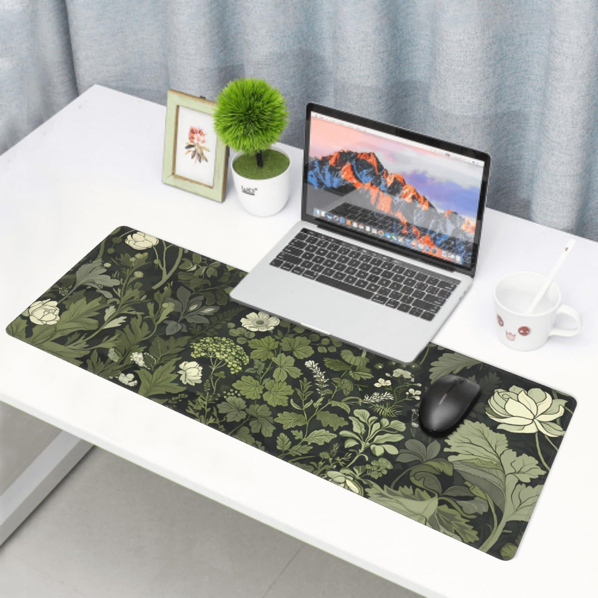 Sage Green Floral Mouse Pad XL 31.5 X 11.8 Inch Plant Flower Pattern Botanical Design Extended