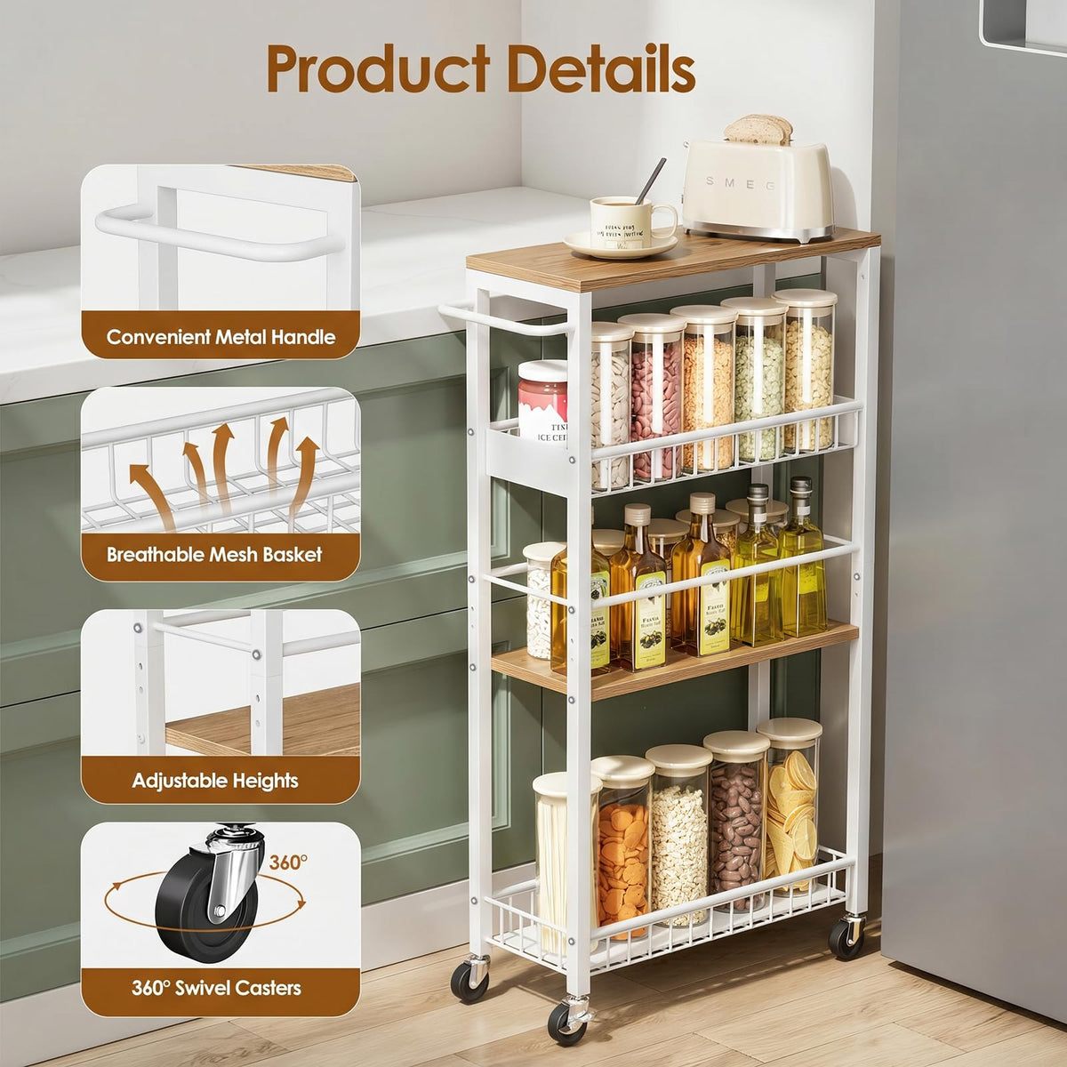 Kssiaz Slim Rolling Storage Cart, 4 Tier Narrow Storage Cart, 7.1in(W)