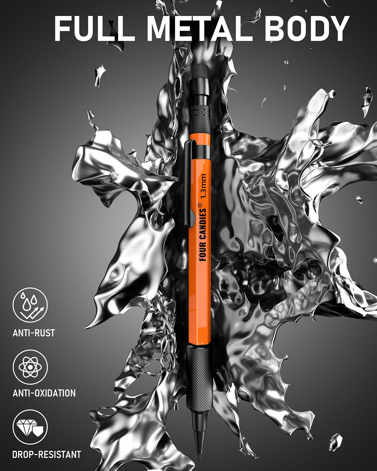 Four Candies 3PCS 1.3mm Metal Mechanical Pencil Set with Case (Orange)