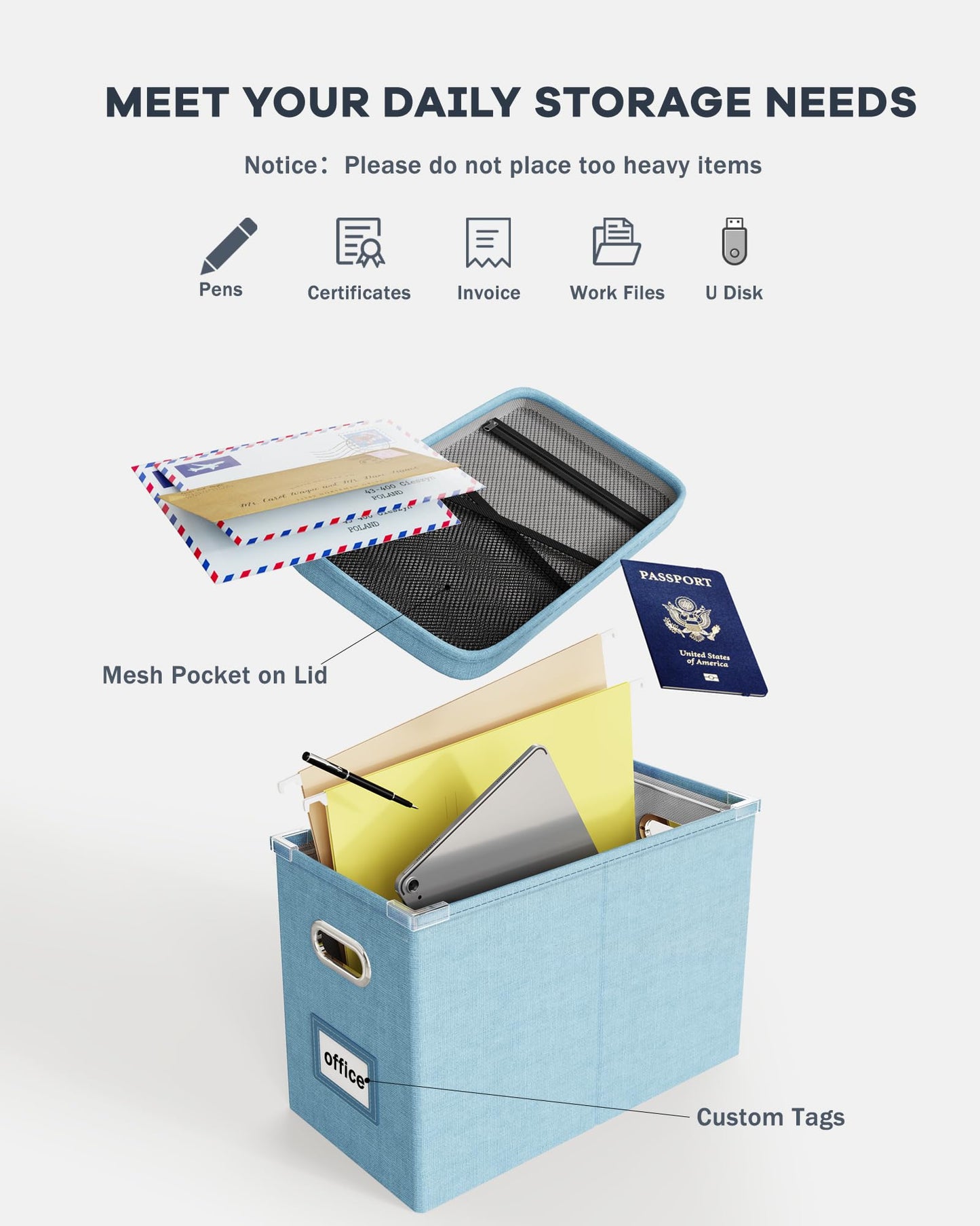 Oterri Portable Document Organizer with Lid, Hanging Storage Box with Mesh Pocket for Letter Files
