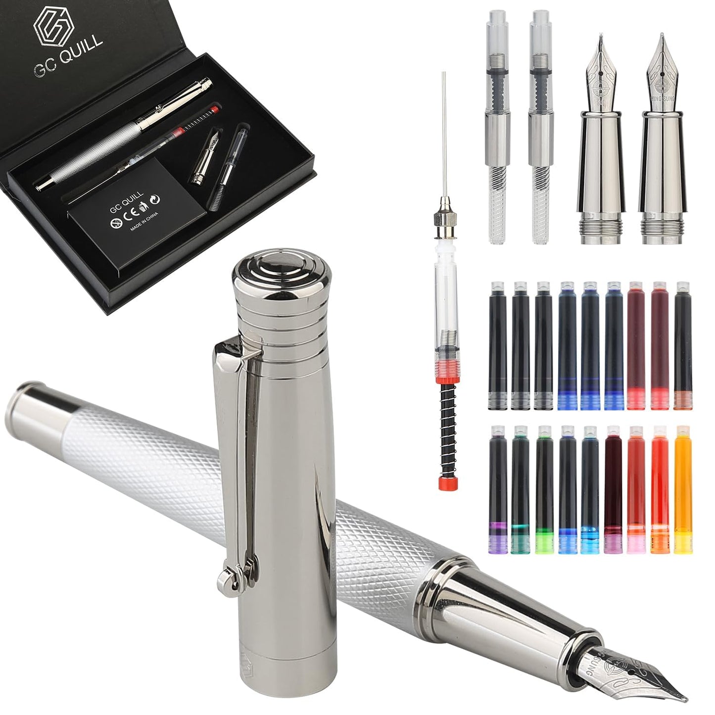 GC QUILL Fancy Fountain Pen Set – Fine and Medium Nibs, 18 Ink Cartridges, Ink Converter, Syringe