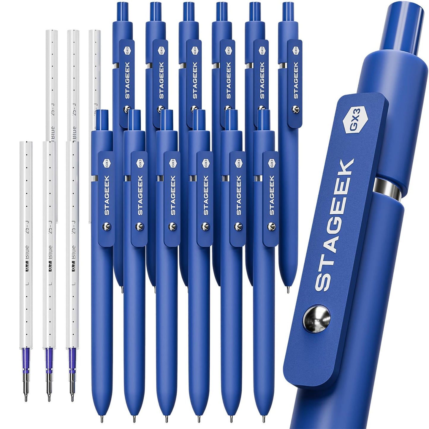 STAGEEK 12 Pcs GX3 Blue Gel Pens, Quick Dry Smooth Writing, with 3 Refills