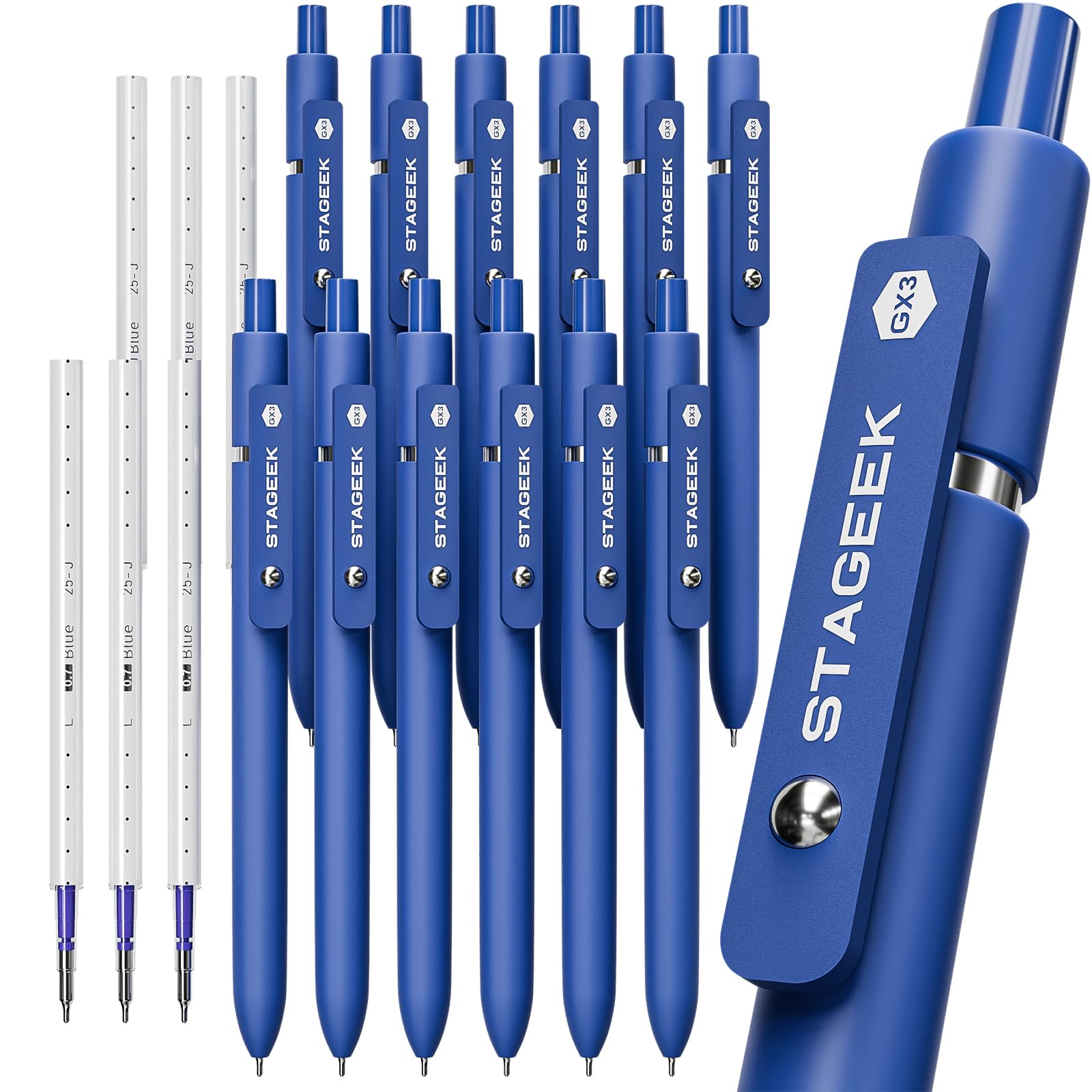 STAGEEK 12 Pcs GX3 Blue Gel Pens, Quick Dry Smooth Writing, with 3 Refills
