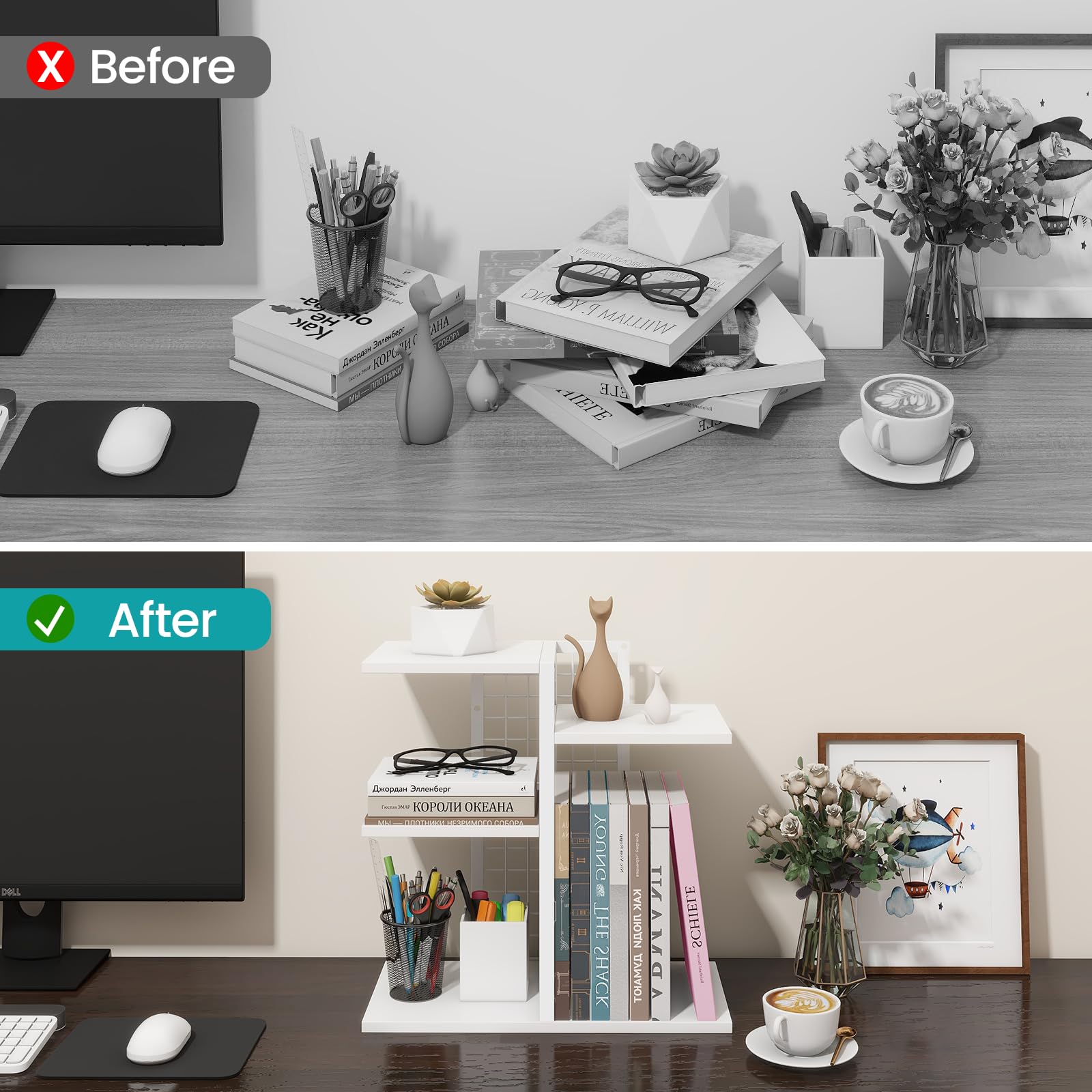 ELITEROO Desk Bookshelf, 4 Tier Wood Desktop Bookshelf, Adjustable Table Top Book Shelf and Storage
