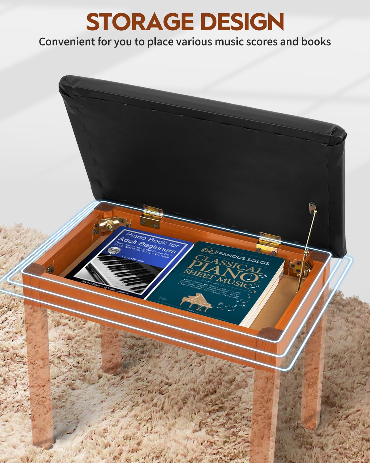 STRICH Piano Bench with Storage, Solid Wood Keyboard Bench Piano Bookcase Stool Chair Seat with