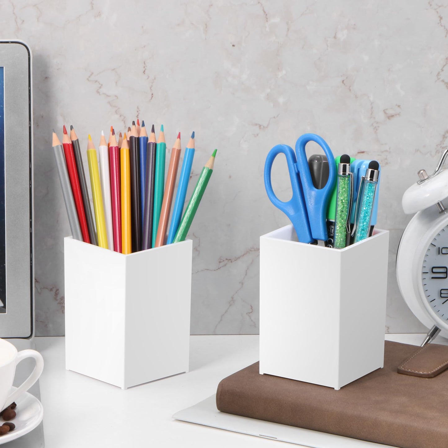 AFOROEOA 10Pack White Acrylic Pen Holder, Desktop Pencil Organizer Makeup Brush Holder Acrylic