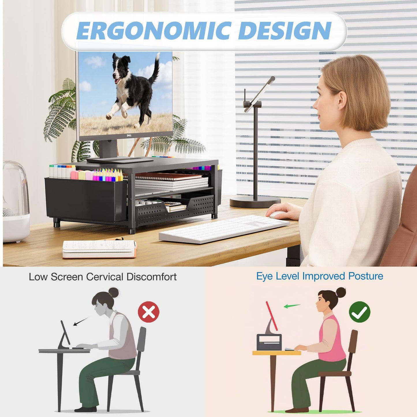 OPNICE Desk Organizers and Accessories, Computer Monitor Stand Riser with Drawer and 2 Pen Holders