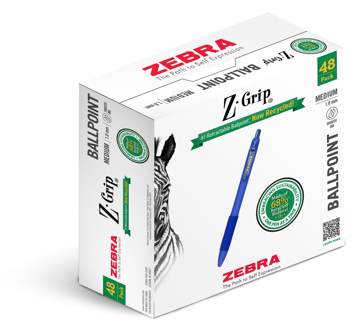 Zebra Pen Z-Grip Recycled Ballpoint Pen, Blue Ink, 1.0mm, 48 Bulk-Pack