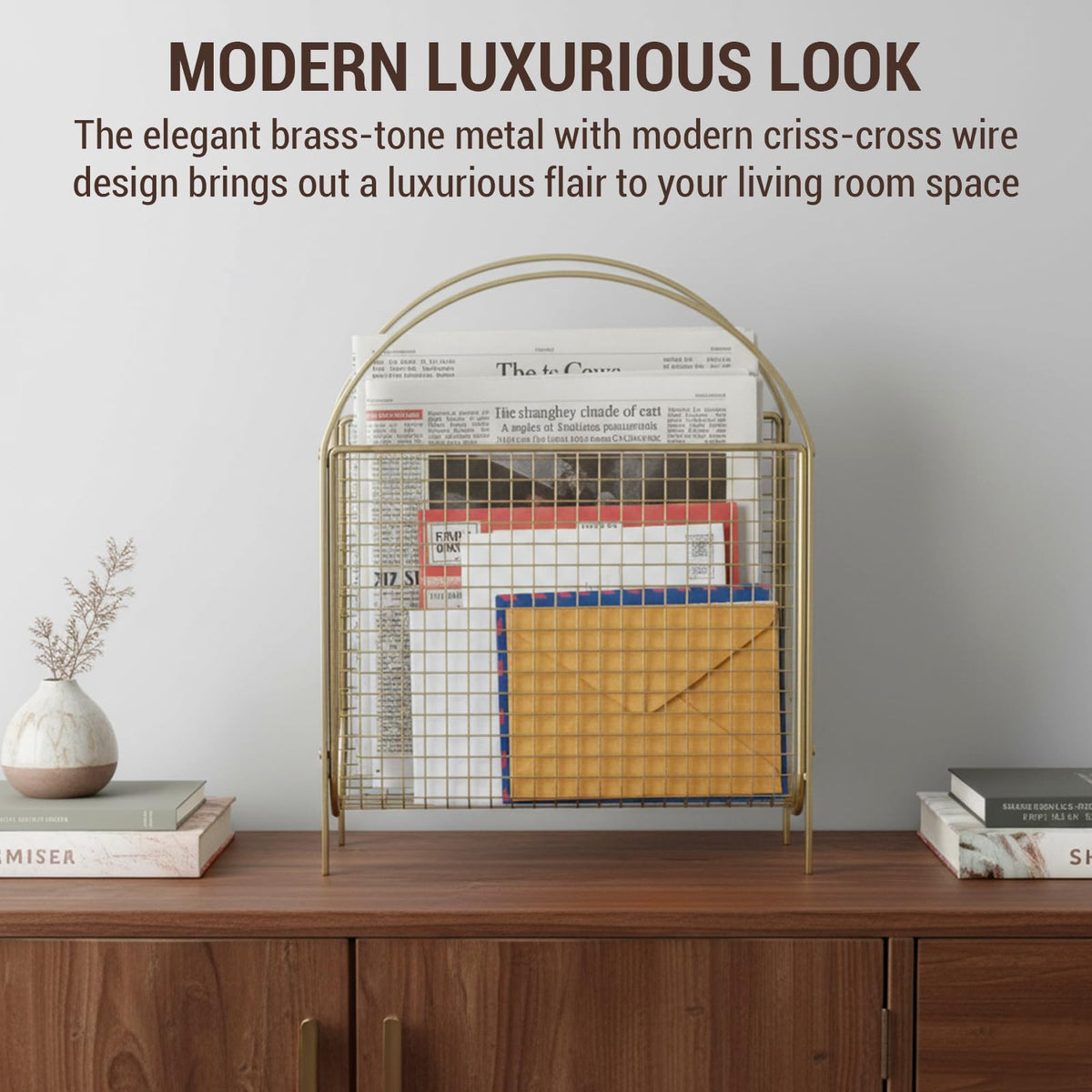 MyGift Mid Century Brass Tone Metal Mesh Magazine Rack Storage Basket