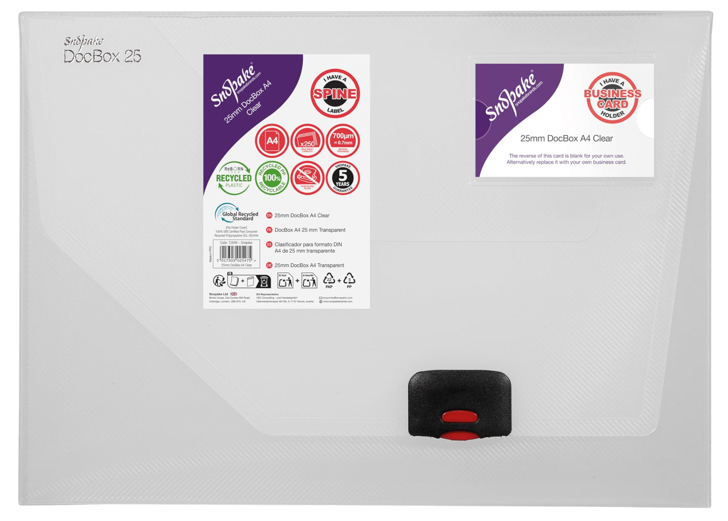 Snopake A4 DocBox Clear 25 mm Box File with Push Lock (Pack of 1) Ref 12849