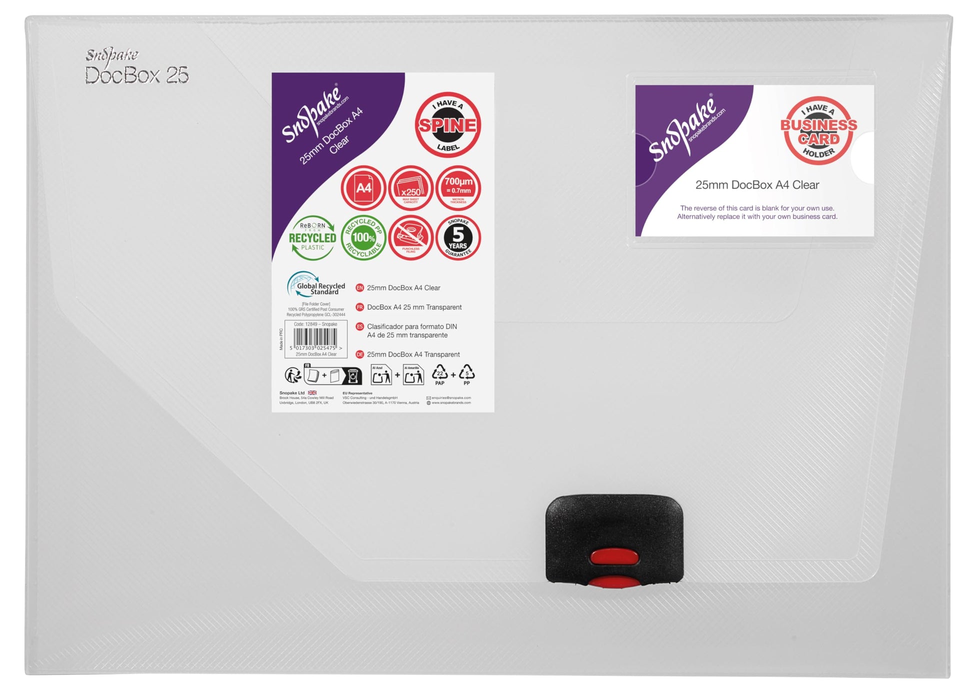 Snopake A4 DocBox Clear 25 mm Box File with Push Lock (Pack of 1) Ref 12849