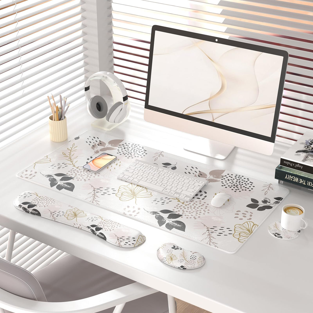 QiyI PU Leather Desk Mat Set, 4-in-1 Ergonomic Wrist Rest, Botanical Leaf