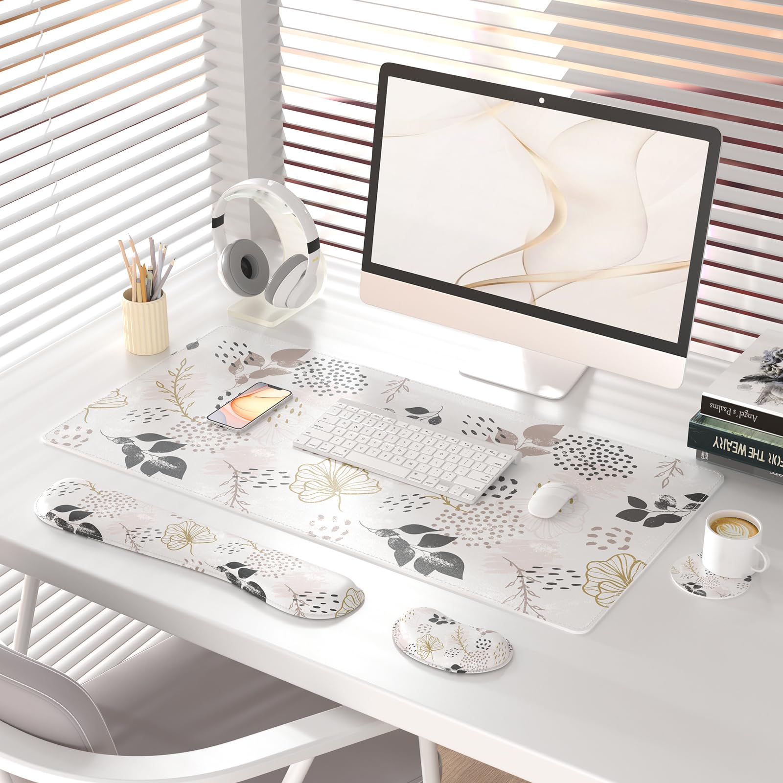 QiyI PU Leather Desk Mat Set, 4-in-1 Ergonomic Wrist Rest, Botanical Leaf