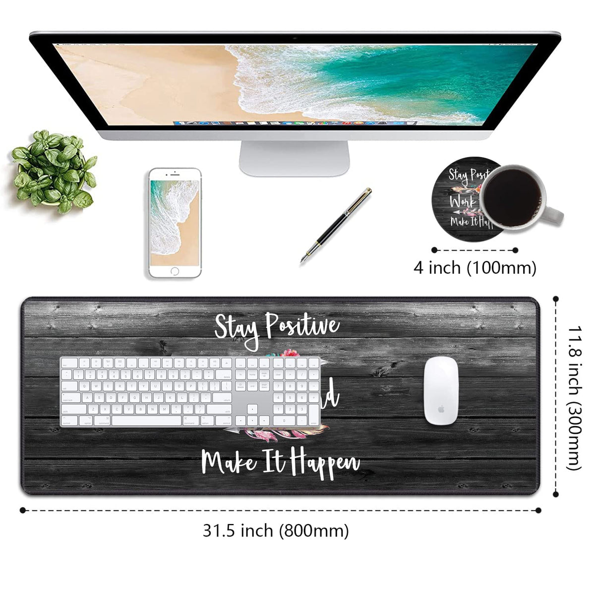Desk Pad Gaming Mouse Pads with Coasters, Stay Positive Work Hard and Make It Happen Pattern