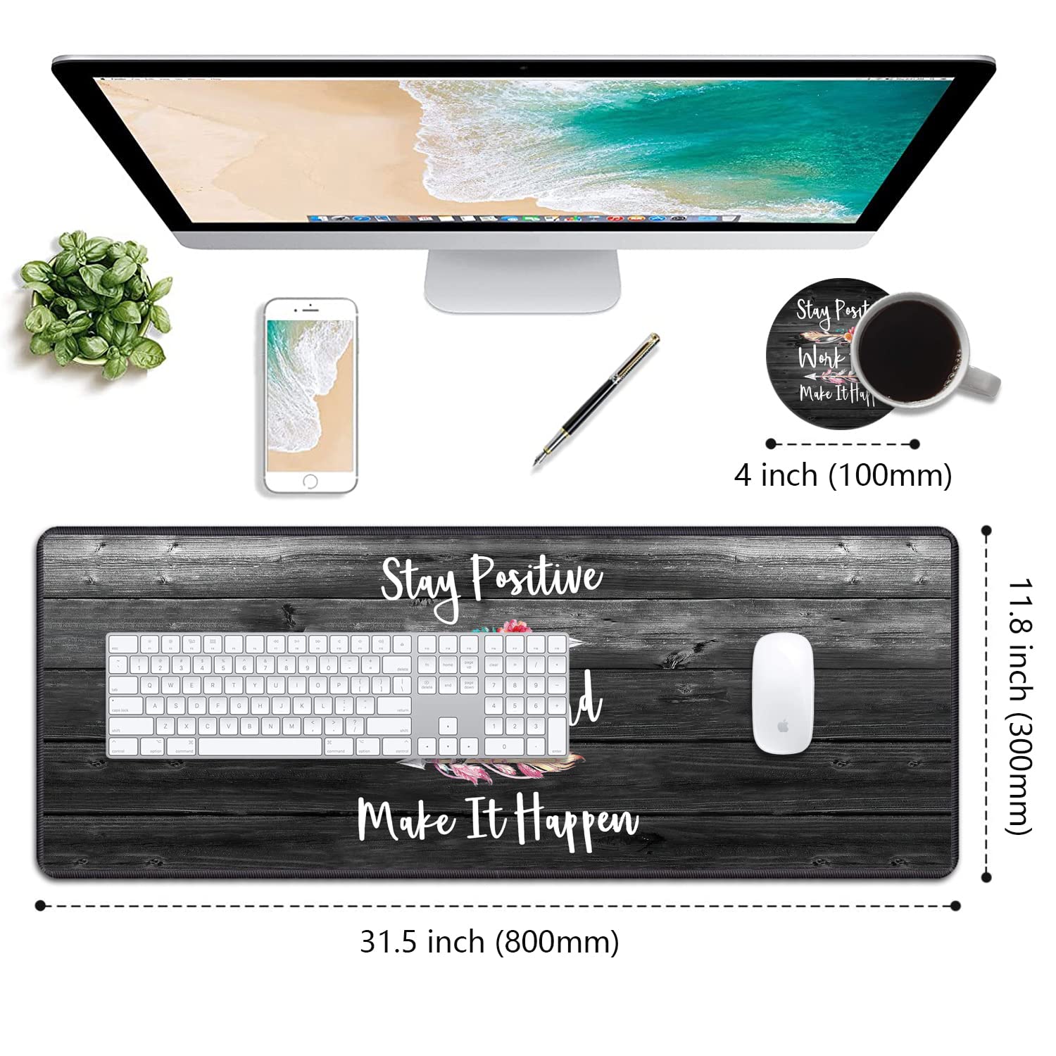 Desk Pad Gaming Mouse Pads with Coasters, Stay Positive Work Hard and Make It Happen Pattern