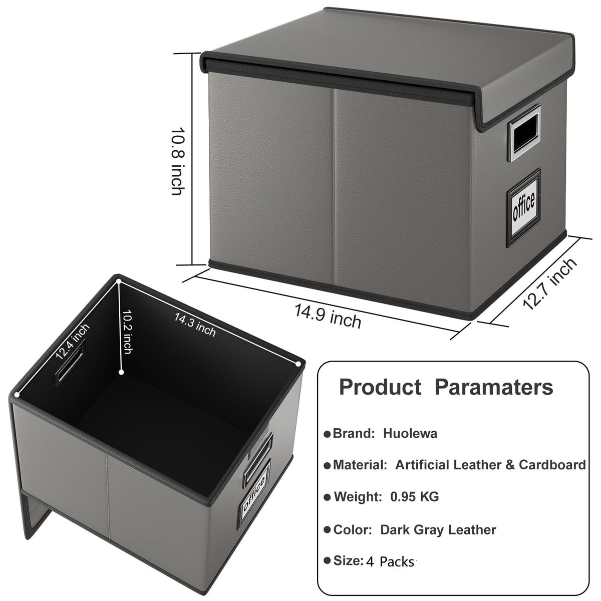 Huolewa Foldable File Organizer Box with Lids (4 Pack, Dark Gray, Leather)