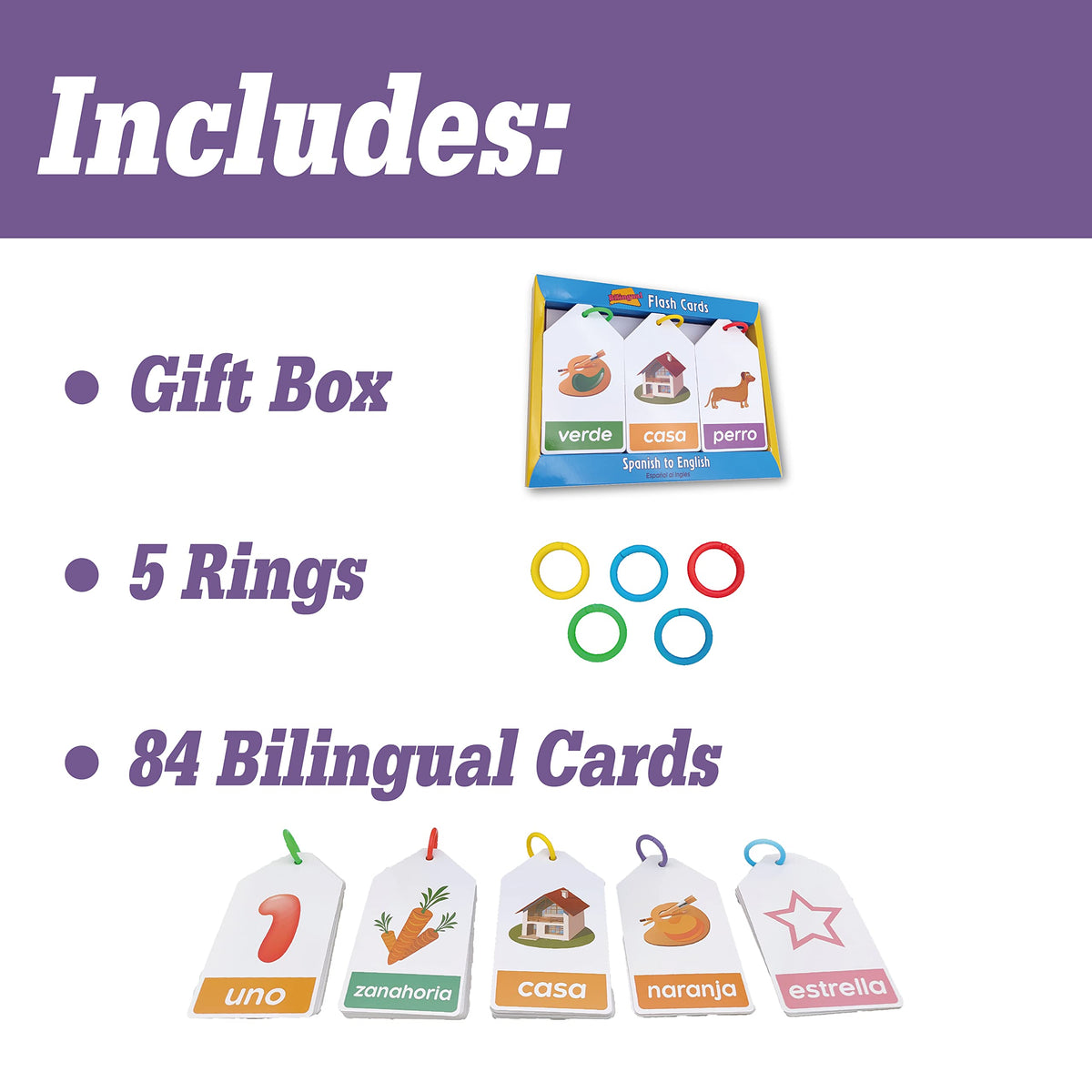 Bilingual Spanish English Flash Cards for Kids 5 Themes Alphabet Color Number Shape First Words 84