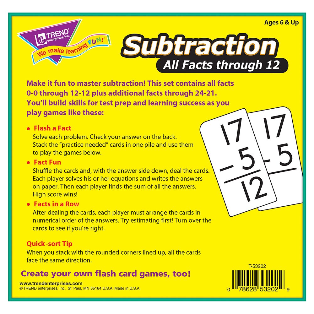 Trend Enterprises: Subtraction All Facts Through 12 Skill Drill Flash Cards, Great for Skill