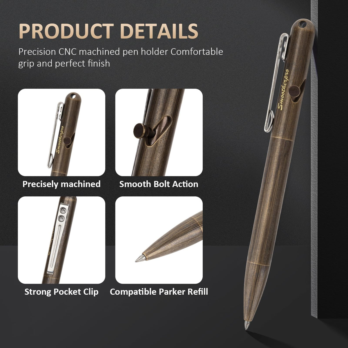 SMOOTHERPRO Solid Brass Bolt Action Pen，Compatible with Parker Refill