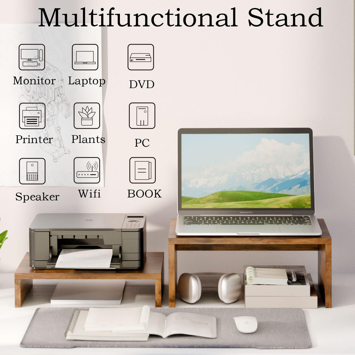 TEAMIX 2-Pack Monitor & Laptop Stand Riser, Wood High-Low Dual Monitor Set
