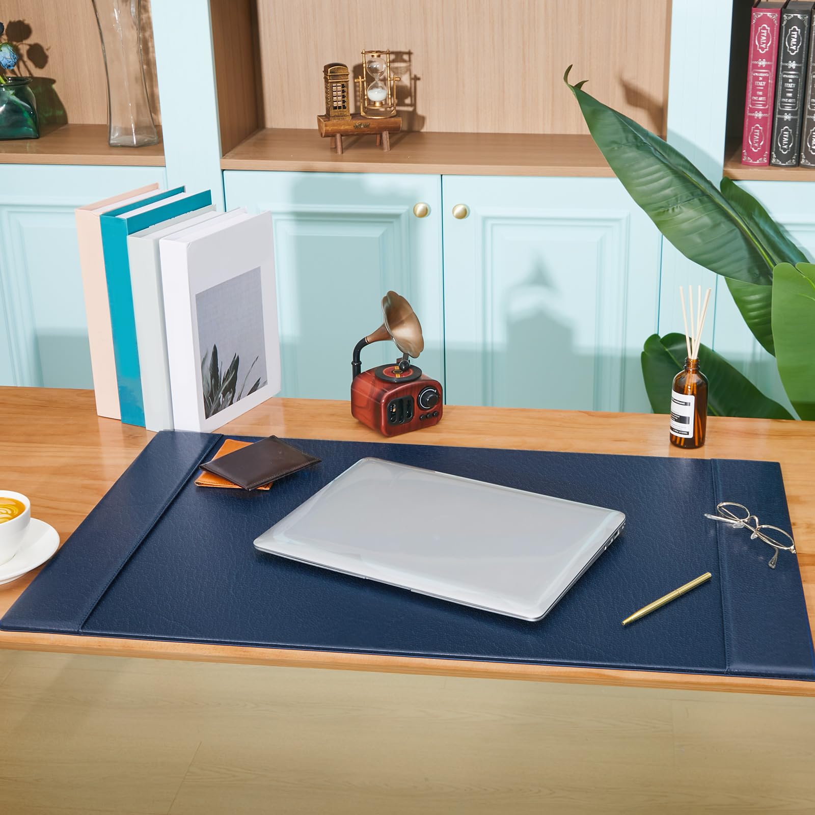 Saysurey Leather Desk Pad Protector with Side Rails, Blue, 30 x 18 Inch